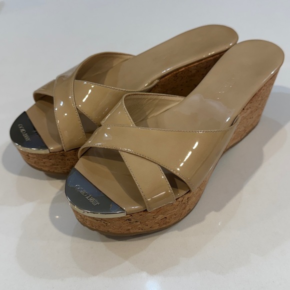 Jimmy Choo Prima Nude Patent Leather Cork Wedge Slide Sandals. Size 37 1/2 - Picture 7 of 15